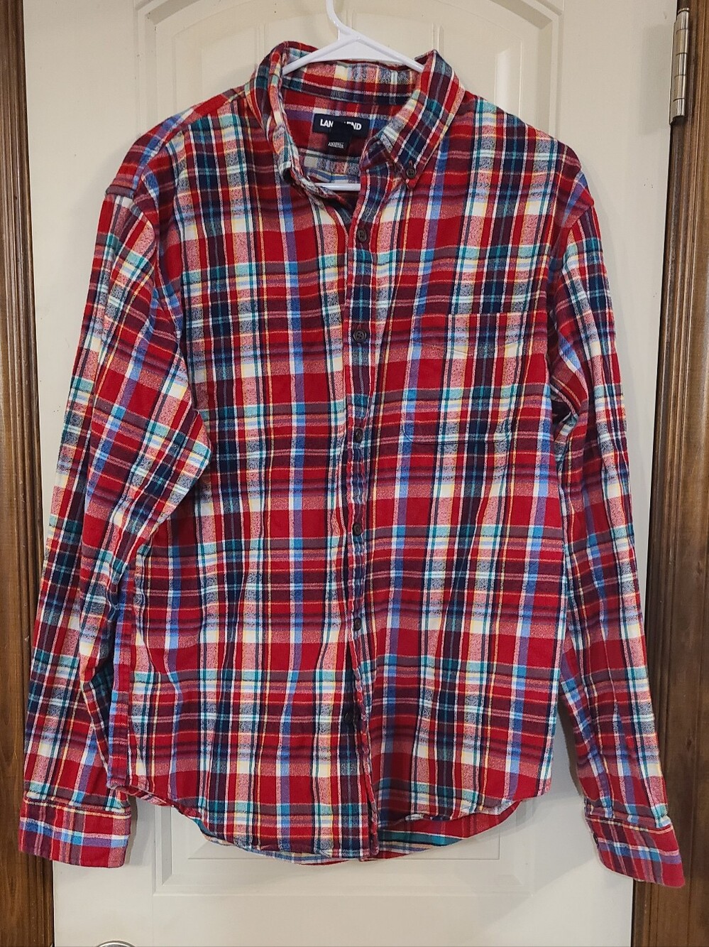 Land's End Men's Red Flannel Plaid Button-Down Shirt Size L